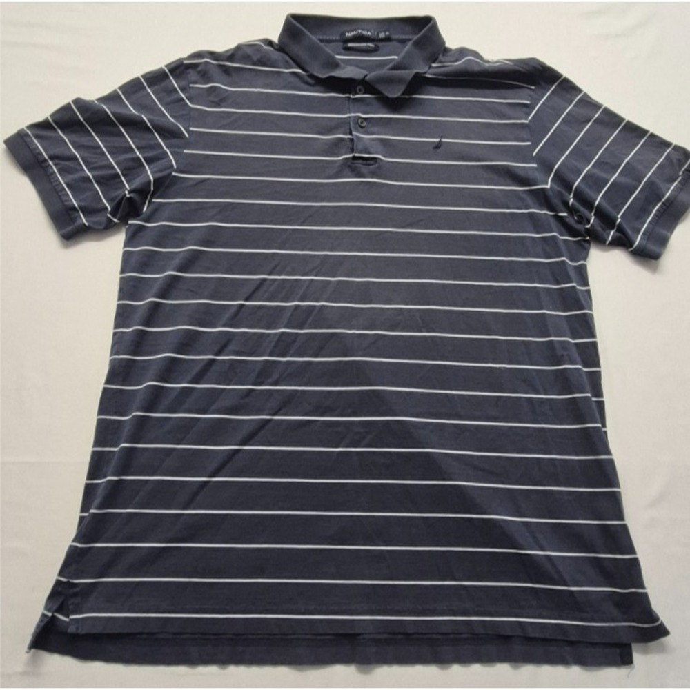 Nautica men's navy blue thin‎ white striped polo shirt XL Mercerized Pima Cotton